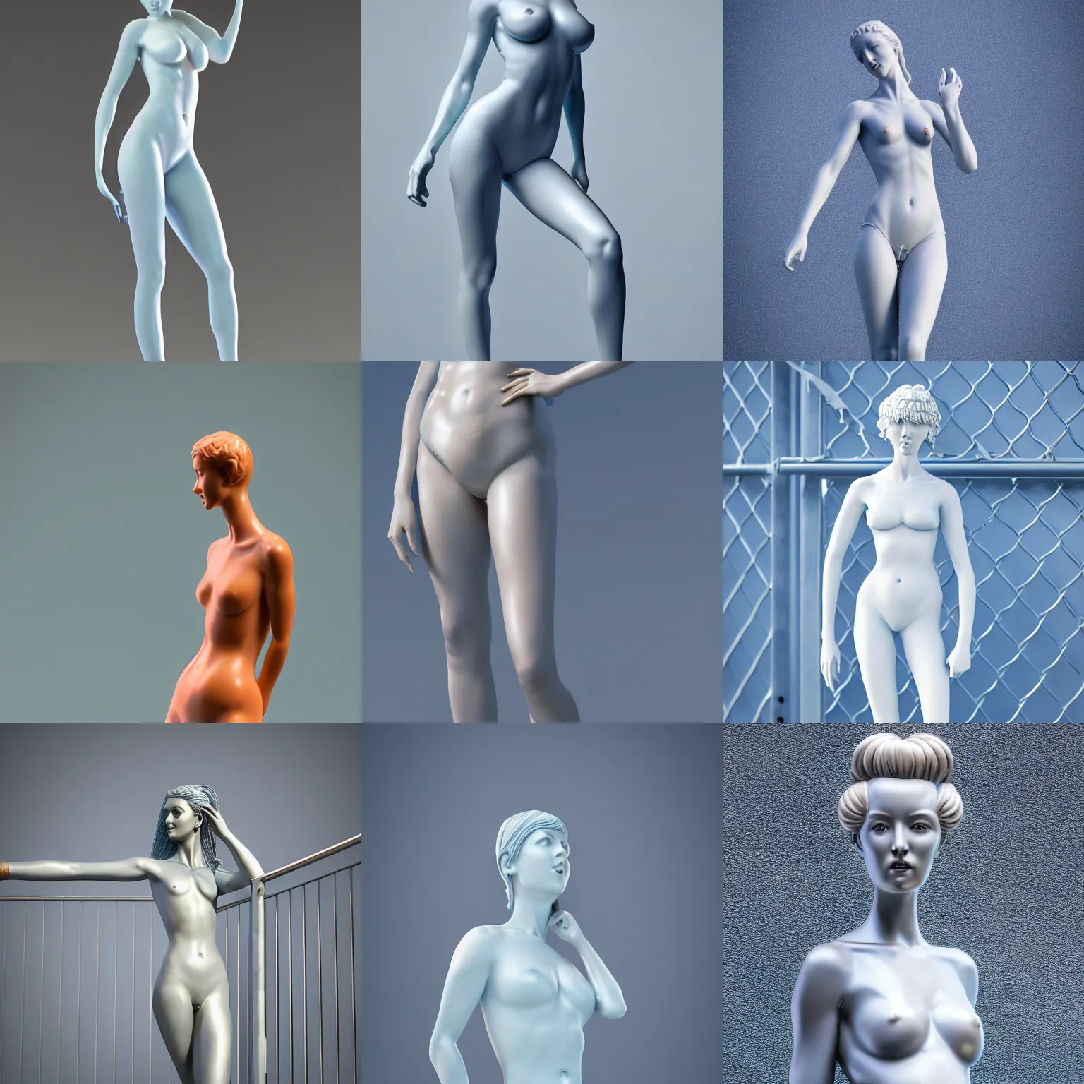 Prompt: statue of perfect woman, porcelain, aluminium ( desgined by apple ), silver, blue soft details, soft!!, ( ( standing close to an orange metal fence ) ), studio photo, octane render, studio lights, 8 0 mm lens