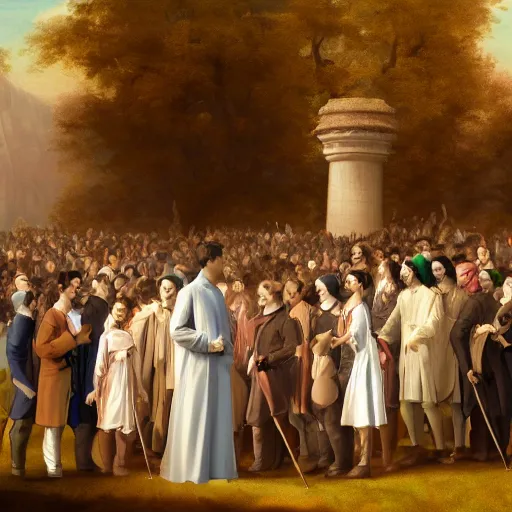 Image similar to portrait of a regal prince with sharp cheekbones, white clothes, high collar, surrounded by a crowd of peasants, modern digital art, matte painting