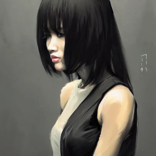 Prompt: Portrait of a woman by Greg Rutkowski, she is about 30 years old, mixture between korean, indian and arabian, pretty, black straigh hair with bangs, attractive, tall and slim, she is wearing beigen and black utilitarian jumpsuit, highly detailed portrait, scifi, digital painting, artstation, concept art, smooth, sharp foccus ilustration, Artstation HQ