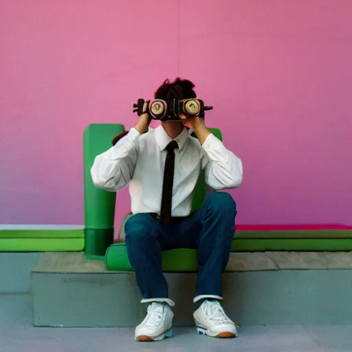 Image similar to a crowded party, a man is sitting in a corner by himself playing fortnite, pastel background colours and square lighting structures in the background. 2 0 0 mm, bokeh, kodak ektar 1 0 0, portrait photography,