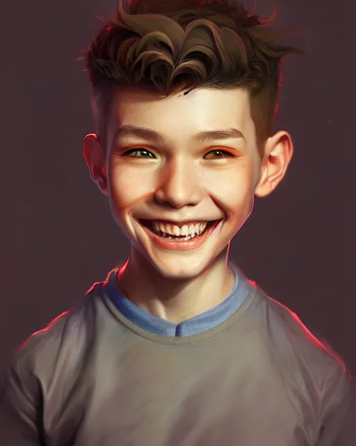 Image similar to digital art, fantasy portrait of a boy with a large smile, by James Jean and by artgerm, by ross tran , ultradetailed, charachter design, concept art, trending on artstation,