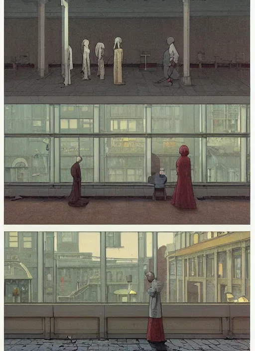 Image similar to illustration of a 2 0 8 0 desolate society scene by shaun tan, clean, emptyness, torn paper decollage, graphic novel, oil on canvas by edward hopper, ( by mattias adolfsson ), by moebius