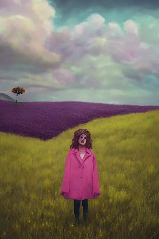 Image similar to portrait, enormous daisy flower head, a girl wearing coat in heather field, surreal photography, wind and cold, dramatic sky, impressionist painting, digital painting, artstation, simon stalenhag