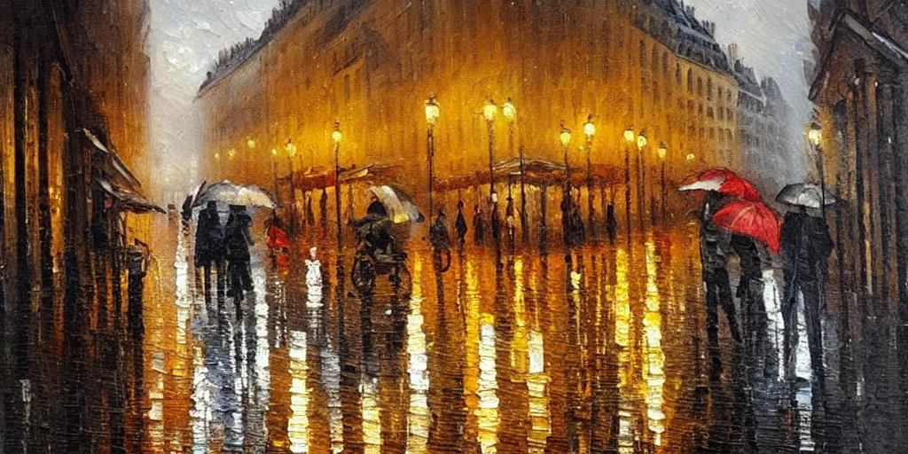 Prompt: Paris street in the evening, rain, street lights. Fall. haze. Oil painting. Epis, classic painting on canvas