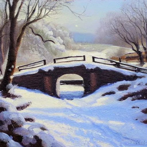 Prompt: Stone bridge over brook, pastoral scene. Winter, fresh snow. Oil on canvas, award winning