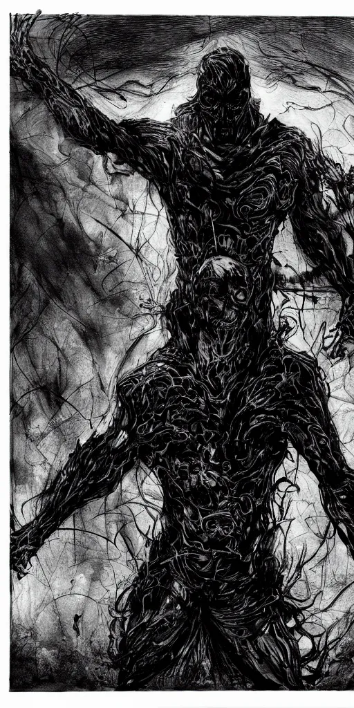 Image similar to concept art of a evil man with his body covered in burns, with black smoke coming out of his hands, full body, dark colors, sinister atmosphere, dramatic lighting, cinematic, establishing shot, extremely high detail, photo realistic, cinematic lighting, pen and ink, intricate line drawings, by Yoshitaka Amano, Ruan Jia, Kentaro Miura, Artgerm, post processed, concept art, artstation, matte painting, style by eddie mendoza, raphael lacoste, alex ross,