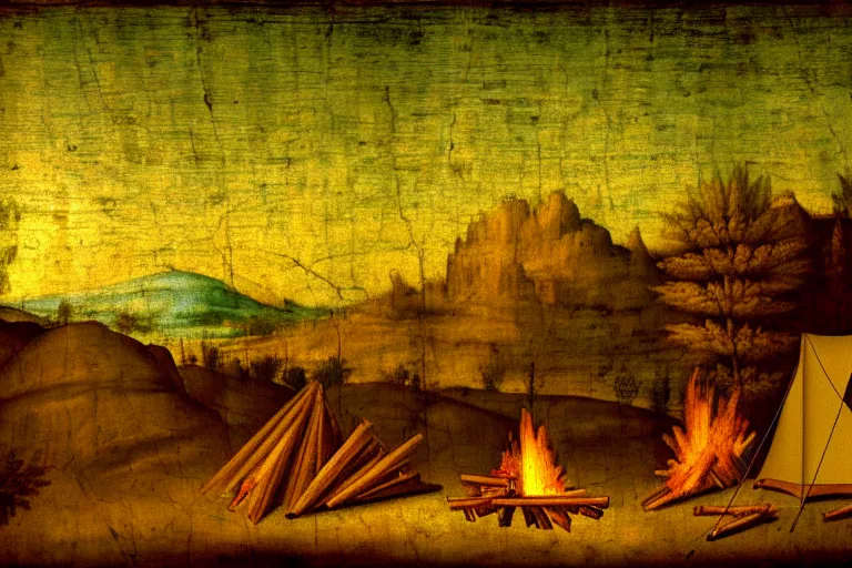 Prompt: davinci painting of a campsite with bonfire