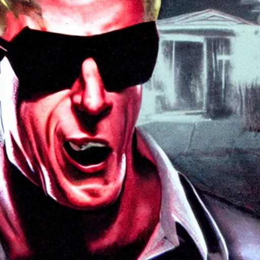 Prompt: Duke Nukem as The American Psycho, staring intensely, Duke Nukem art style, explosive background, cinematic still