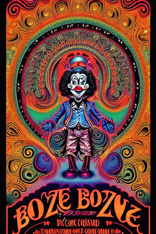 Image similar to Flowing lettering that says The Bozone, Fillmore concert poster for The Bozone by Robert Crumb, by Victor Moscoso, by Laurie Lipton, black light velvet poster, intricate paisley filigree, Bozo the clown. Clown motif, Shiny bulbous red clown nose at the center of an infinite fractal mandala tunnel of clowns, Unreal Engine, Cryengine, Artstation