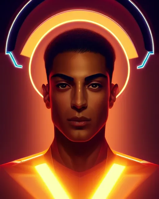 Image similar to symmetry!! egyptian prince of technology, solid cube of light, hard edges, product render retro - futuristic poster scifi, lasers and neon circuits, brown skin man egyptian prince, intricate, elegant, highly detailed, digital painting, artstation, concept art, smooth, sharp focus, illustration, dreamlike, art by artgerm