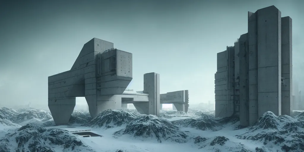 Image similar to sci - fi concrete brutalist architecture in an snowy sprawling nordic landscape, zaha hadid, beksinski, photoreal, highly detailed, 8 k, hd, vray, artstation, trending on behance, cinematic matte painting, extreme detail photo quality, green moss, sunrays, sunset, featured on behance