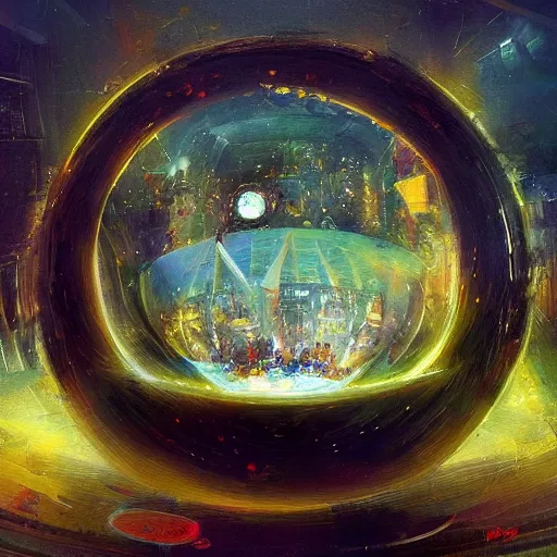 Image similar to a bowl that is portal to another dimension. in the style of john berkey. trending on artstation and deviantart. digital art.