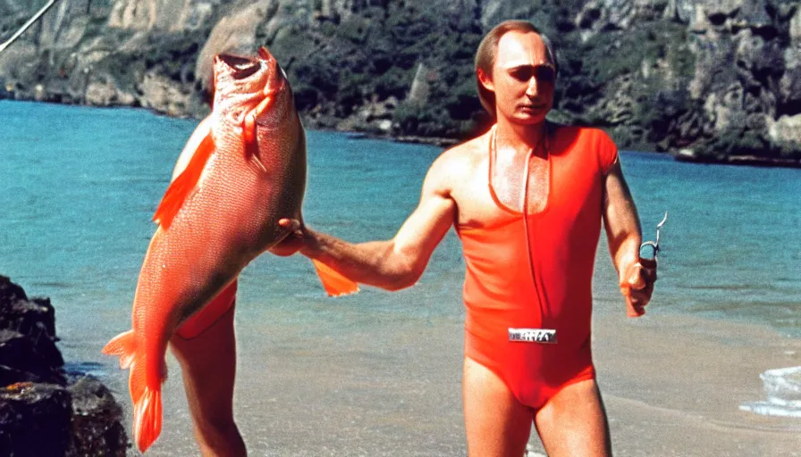 Image similar to 7 0 s movie still of putin in mankini, proudly holding a salmon. cinestill 8 0 0 t _ 3 5 mm eastmancolor, heavy grain, high quality, high detail