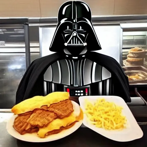Prompt: darth vader working as a cook at waffle house