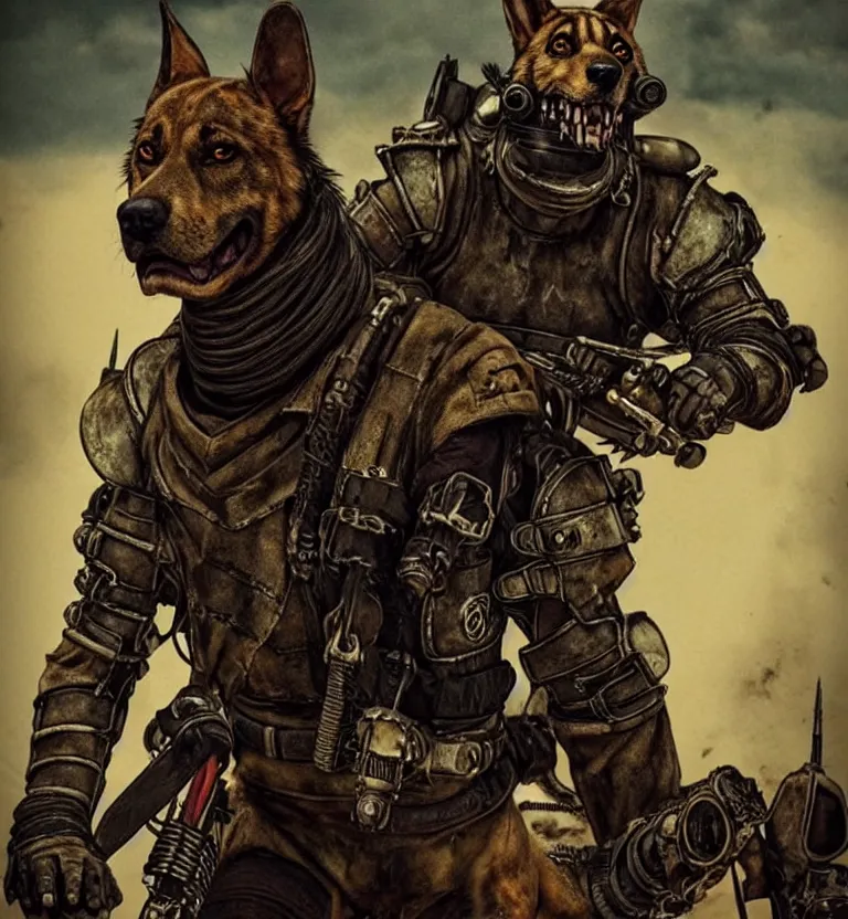 Image similar to a good ol'hound dog fursona ( from the furry fandom ), heavily armed and armored facing down armageddon in a dark and gritty version from the makers of mad max : fury road. witness me.