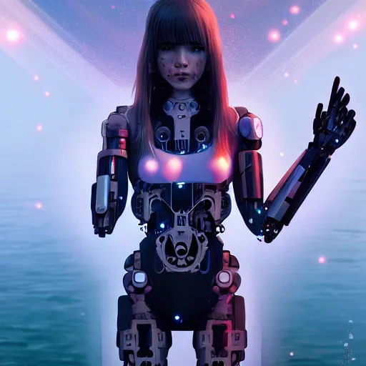 Image similar to a beautiful cyborg - angel girl standing on a lake, rainfall, biomechanical details, digital cyberpunk anime art, full body shot!!, reflections, lens flare, 1 6 k resolution, wlop!!, ilya kuvshinov, artgerm, krenz cushart, greg rutkowski