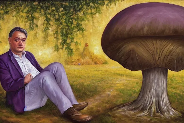 Prompt: sad orban viktor sitting under a big mushroom, surreal oil painting