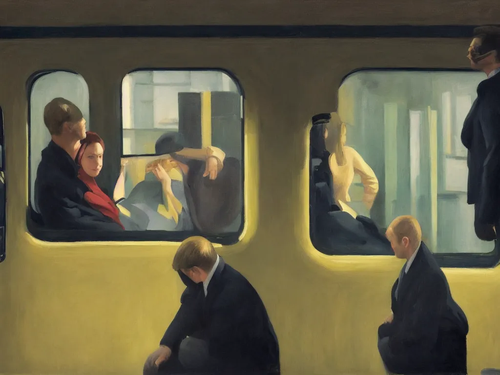 Image similar to an oil painting by Edward Hopper, 3/4 low angle view wide shot of two people sitting in an empty Chicago subway train, in front of windows: a sad Aubrey Plaza in a parka and a friendly Mads Mikkelsen in a suit