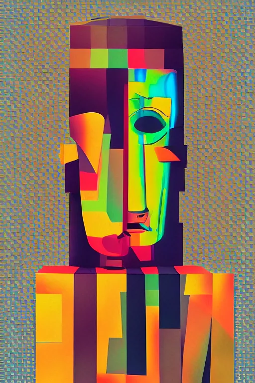 Image similar to cubist moai statue cutout digital illustration cartoon colorful beeple