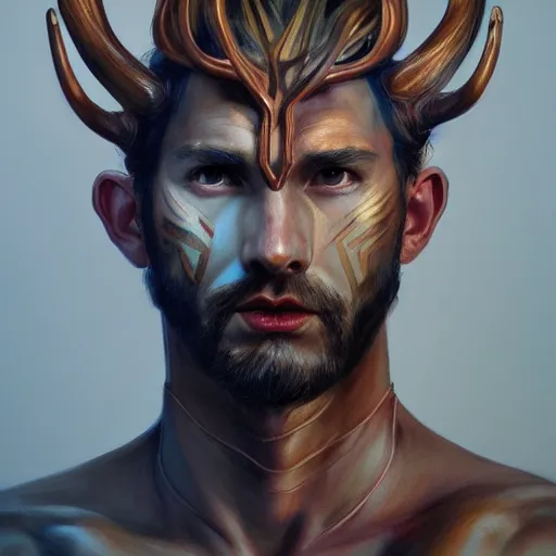 Image similar to Dramatic portraiture of Uuen, the Pictish god of stags, mixed media, trending on ArtStation, by Viktor Vasetnov and ArtGerm and Lucian Freud, luminism