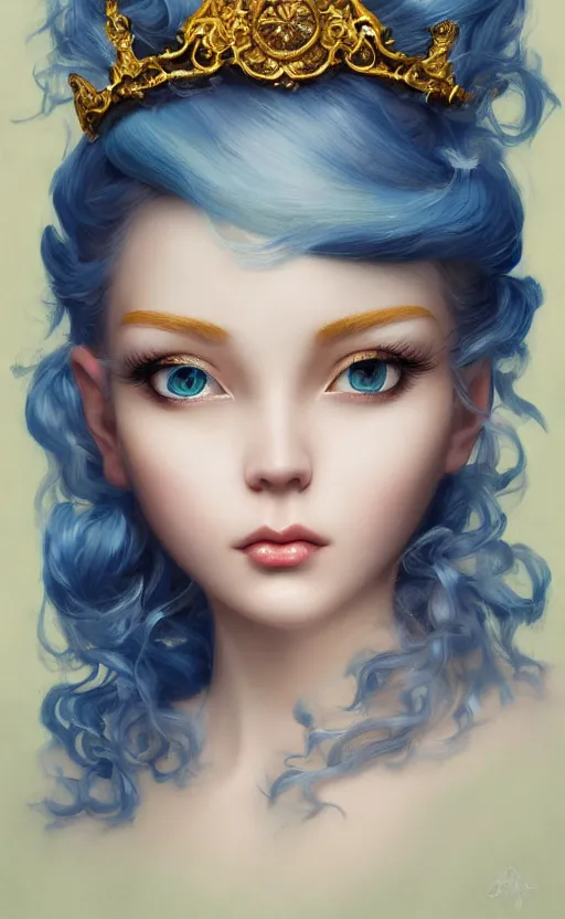 Prompt: pop surrealism, rococo, blue baroque hair, young female seductive - fine - face, pretty face, key visual, realistic shaded perfect face, fine details by stanley artgerm lau, wlop, mark ryden, andrei riabovitchev, marc simonetti, and sakimichan, trending on artstation