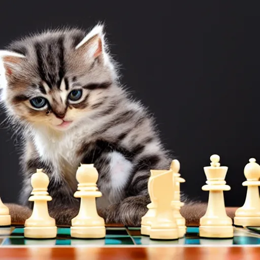 Prompt: a chess game where the pieces have been replaced by kittens