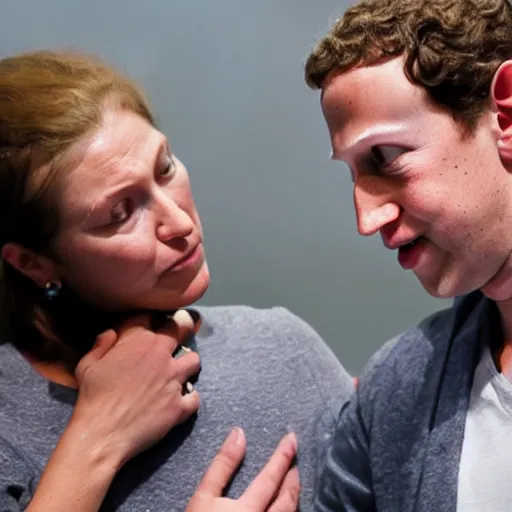 Image similar to uncanny valley Mark Zuckerberg comforting a grieving widow, photo, detailed, 4k