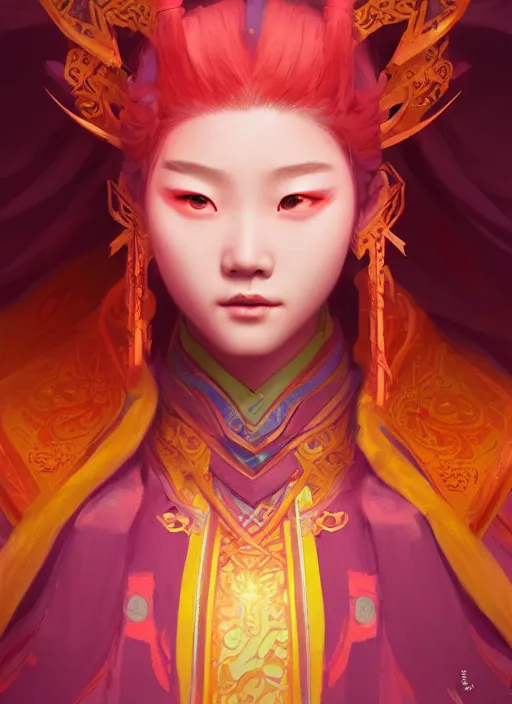 Prompt: a portrait of wonyoung as xianxia hero, vibrant color scheme, highly detailed, in the style of romanticism, cinematic, artstation, moebius, greg rutkowski