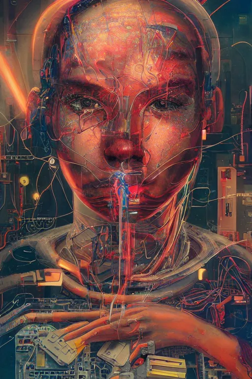 Image similar to portrait of computer & circuits, melting, nasa, 8 k, by tristan eaton, stanley artgermm, tom bagshaw, greg rutkowski, carne griffiths, ayami kojima, beksinski, giger, trending on deviantart, face enhance, hyper detailed, minimalist, cybernetic, android, blade runner, full of colour, super detailed