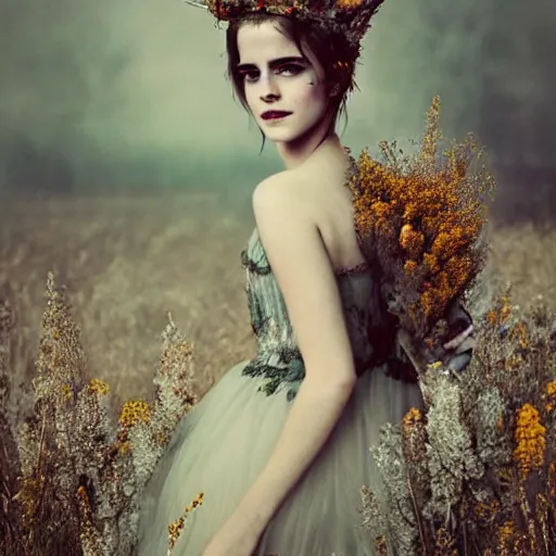 Image similar to fine art photo of the beauty goddess emma watson, she has a crown of dried flowers, by oleg oprisco