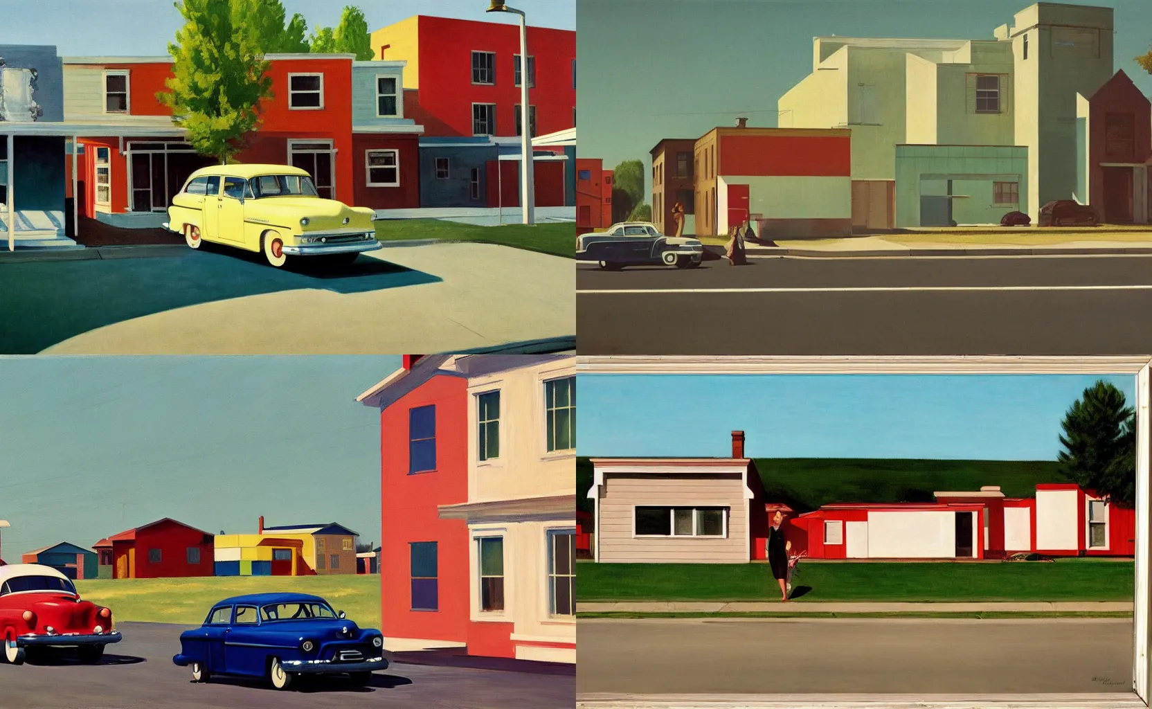 Prompt: 1950s American suburb, painting by Edward Hopper and William Eggleston
