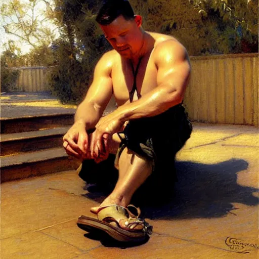 Image similar to channing tatum ties his shoes on a hot and sweaty summer day, painting by gaston bussiere, craig mullins, j. c. leyendecker, tom of finland