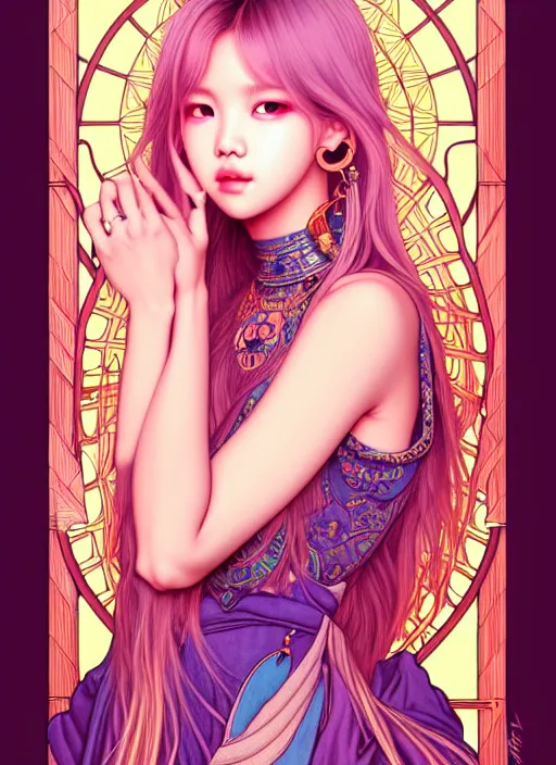 Prompt: lalisa manoban of blackpink, tarot card, highly detailed, digital painting, smooth, sharp focus, illustration, ultra realistic, 8 k, art by artgerm and alphonse mucha