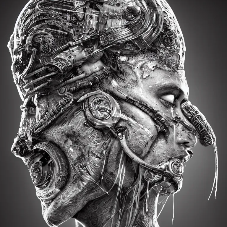 Image similar to surreal spinal ribbed tribal exotic organic face portrait of a cyberpunk fighter, beautiful detailed intricate insanely detailed 3D render digital art, octane render, 8K artistic photography, photorealistic, neon lights