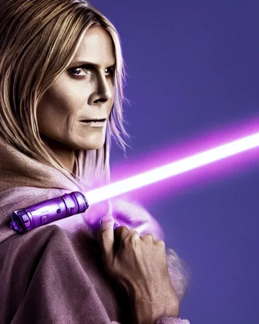 Image similar to heidi klum as a jedi with ripped and damaged clothes holding a purple lightsaber in her hands, very dark background, official star wars episode xii movie poster, perfect symmetrical face, moody lighting, 8 k, shallow depth of field, intricate detail,