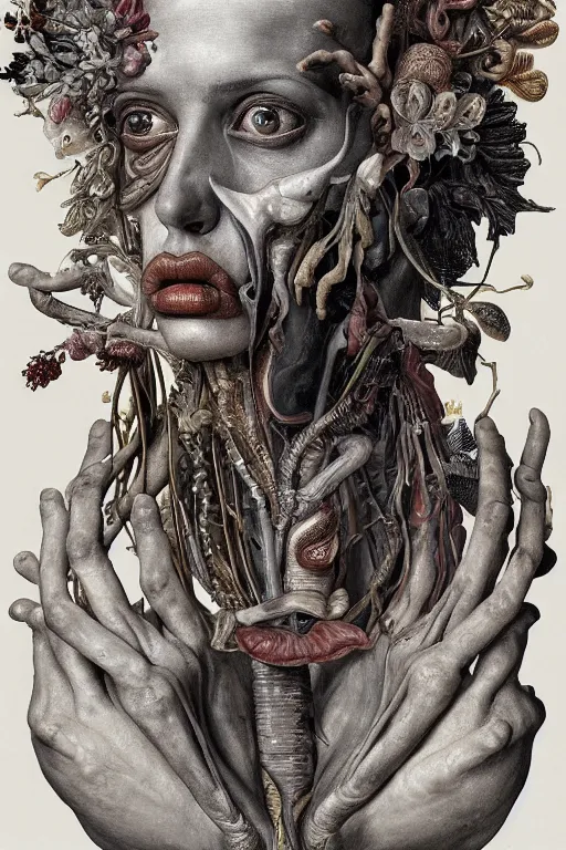 Image similar to Detailed maximalist portrait of a greek god with large lips and eyes, scared expression, botanical anatomy, skeletal with extra flesh, HD mixed media, 3D collage, highly detailed and intricate, surreal illustration in the style of Jenny Saville, dark art, baroque, centred in image