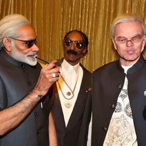 Image similar to narendra modi smoking with snoop dogg in a well lit room, nice vibe