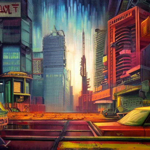 Image similar to a cyberpunk city after a nuclear war, oil painting