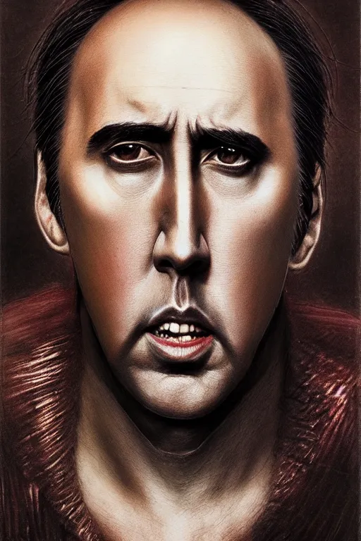 Image similar to very very beautiful longshot photo of chthonic Nicholas Cage, highly detailed, artstation, concept art, smooth, sharp focus, illustration, art by Ayami Kojima, Beksinski, Giger