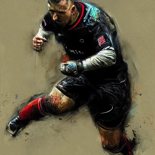 Image similar to A realistic hyperdetailed multi-colored digital oil full body portrait painting of a fat goal keeper jumping saving a shot, black jersey, short hair, in the style of Guy Denning, Ruan Jia, and Craig Mullins. Trending on ArtStation and DeviantArt. CGSociety Digital art.