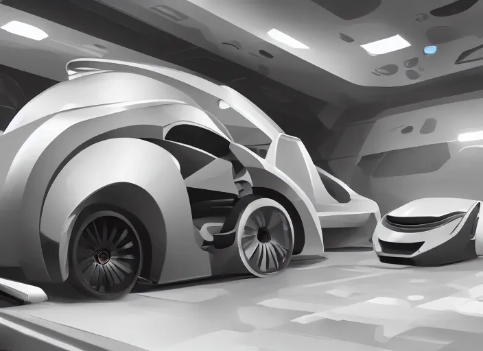 Image similar to an automobile in a studio, futuristic, art style by pablo carpio, car design by vergil exner, big engine and big wheels. full view, blank background.