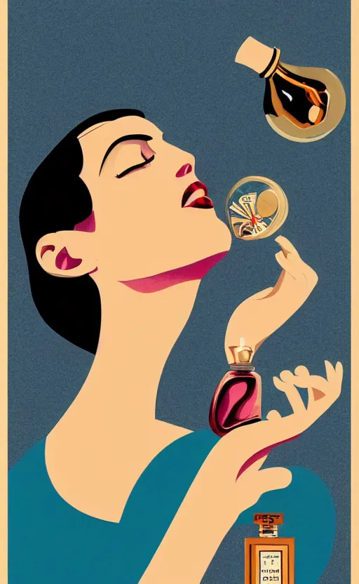 Prompt: illustration, close - up photo with beautiful bottle of perfume near nose, sniffing the aroma, an art deco painting by tom whalen, digital illustration, storybook illustration, grainy texture, flat shading, vector art, airbrush, pastel, watercolor, poster