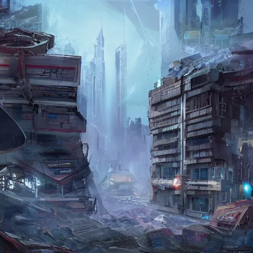 Image similar to damaged city, high - tech, concept art