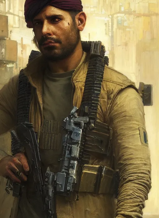 Image similar to 👳♂. cyberpunk mercenary in a military vest ( blade runner 2 0 4 9, cyberpunk 2 0 7 7 ). orientalist portrait by john william waterhouse and james gurney and theodore ralli and nasreddine dinet, oil on canvas. cinematic, hyper realism, realistic proportions, dramatic lighting, high detail 4 k