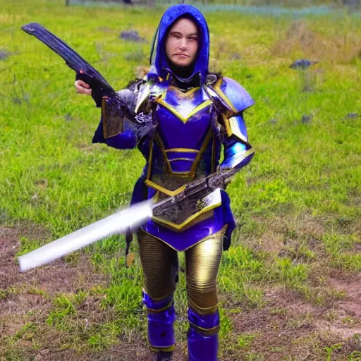 Image similar to photo of a female warrior with galaxy colored armour and weapons