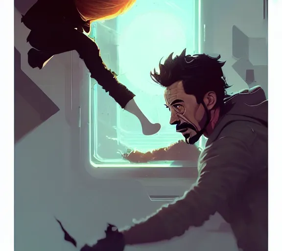 Image similar to portrait tony stark having a nightmare atey ghailan, by greg rutkowski, by greg tocchini, by james gilleard, by joe fenton, by kaethe butcher, by ashley wood, dynamic lighting, gradient light blue, brown, blonde cream and white color scheme, grunge aesthetic