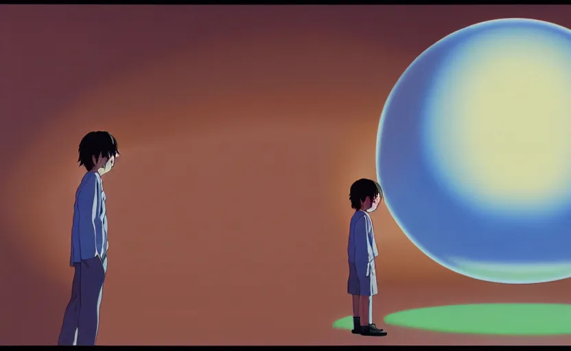 Image similar to hyperrealist, studio ghibli dull colors portrait from close encounters of the third kind 1 9 7 7 of a young scientist standing in a bubble temple.