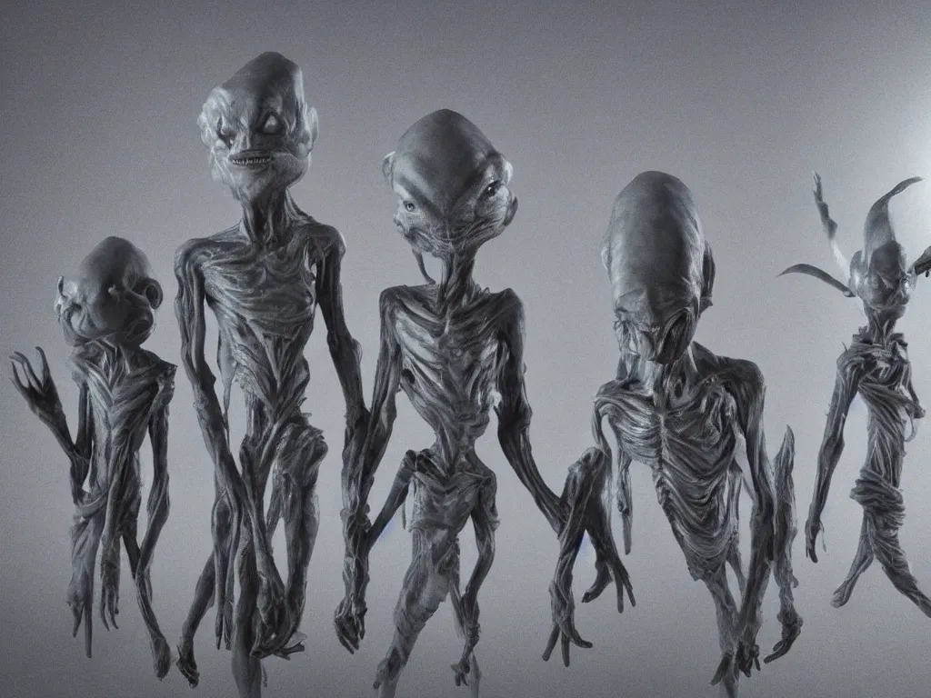 Image similar to three sinister grey aliens standing around my bed at night, moonlit bedroom, vivid and detailed, photorealistic