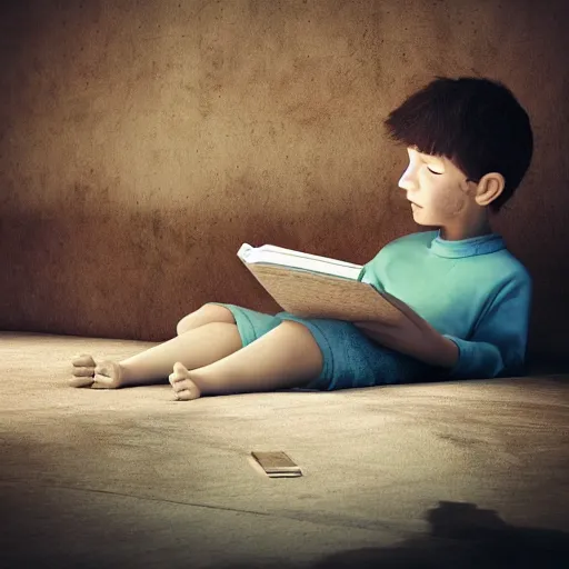 Prompt: a boy reading a book, 3 d rendering, art by just radiation, cinematic lighting