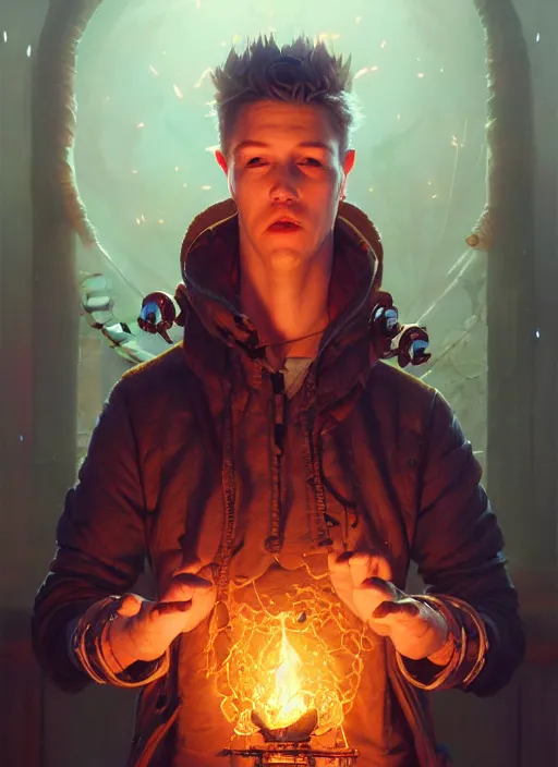 Image similar to Highly detailed portrait of Pyrotechnician elementalist, Stephen Bliss, unreal engine, fantasy art by Greg Rutkowski, Loish, Rhads, ferdinand knab, Makoto Shinkai and Lois van baarle, ilya kuvshinov, rossdraws, Tom Bagshaw, alphonse mucha, global illumination, radiant light, detailed and intricate environment